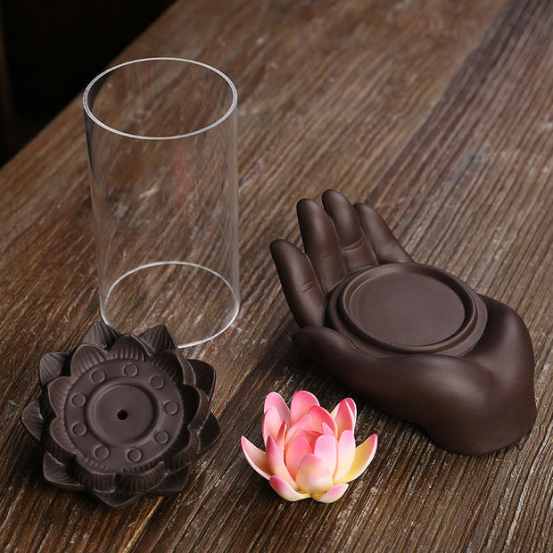 Buddha Stones Buddha Hand Lotus Enlightenment LED Light Purple Clay Ceramic Incense Burner Decoration