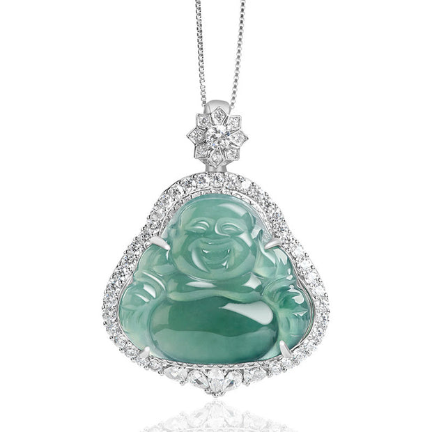 Buddha Stones 925 Sterling Silver Laughing Buddha Natural Jade Luck Abundance Chain Necklace Pendant Necklaces & Pendants BS 4