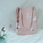 Buddha Stones Flower Crane Plum Blossom Embroidery Canvas Large Capacity Shoulder Bag Tote Bag Bag BS 27