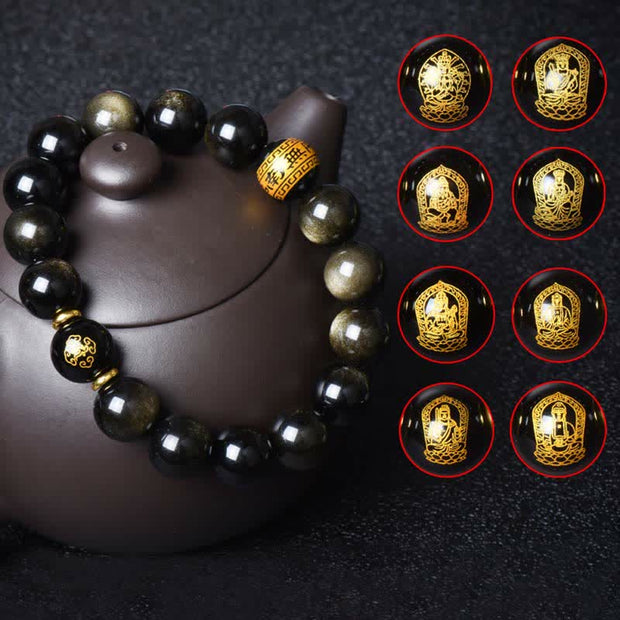 Buddha Stones Chinese Zodiac Natal Buddha Gold Sheen Obsidian Wealth Protection Bracelet Bracelet BS 22