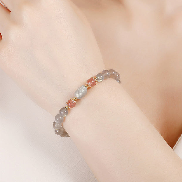 Buddha Stones Aquamarine Strawberry Quartz Amethyst Moonstone PiXiu Healing Bracelet Bracelet BS 13