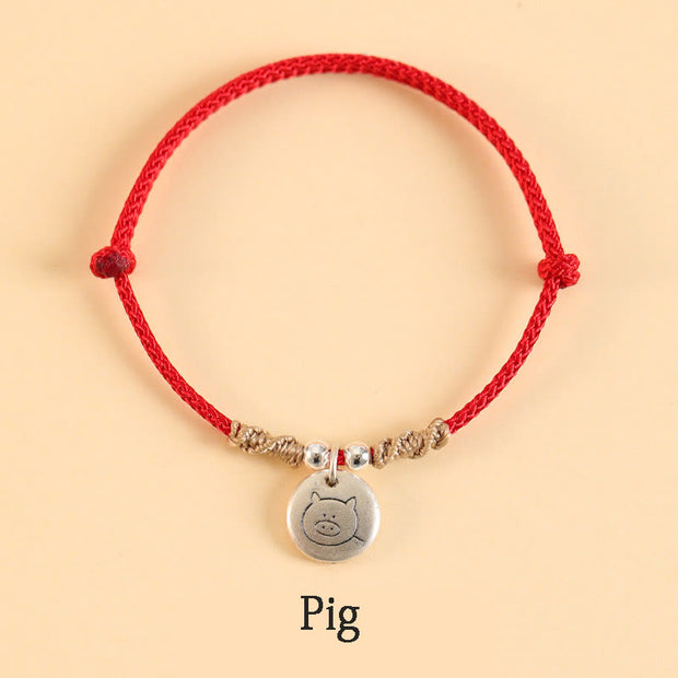 Buddha Stones Handmade 999 Sterling Silver Year of the Dragon Cute Chinese Zodiac Luck Braided Bracelet Bracelet BS Red Rope Pig(Wrist Circumference 14-17cm)