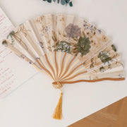 Buddha Stones Ink Painting Beige Flower Handheld Silk Bamboo Folding Fan 21cm