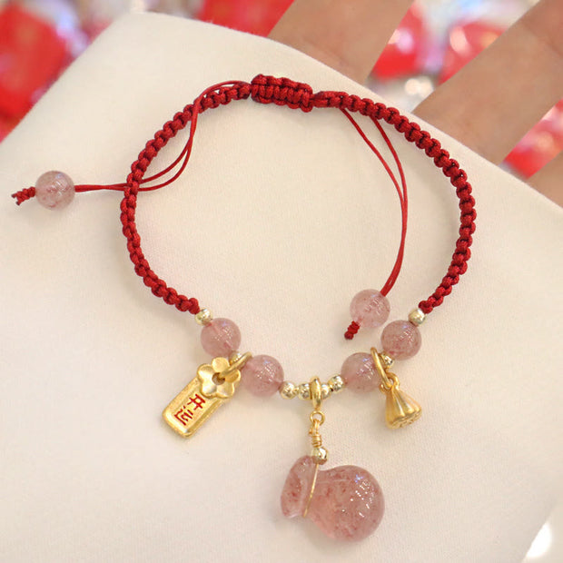 Buddha Stones Natural Strawberry Quartz Money Bag Lotus Healing Charm Red String Braided Bracelet Bracelet BS 2