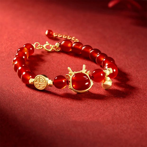 Buddha Stones 925 Sterling Silver Plated 18K Gold Year of the Dragon Natural Red Agate Fu Character Gourd Copper Coin Success Bracelet Necklace Pendant Bracelet Necklaces & Pendants BS 1