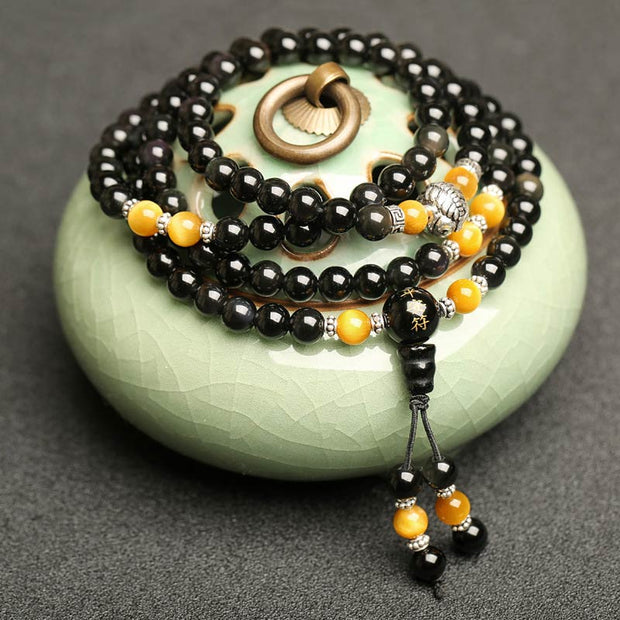 Buddha Stones 108 Beads Black Obsidian Tiger Eye Lazurite Mala Bracelet Mala Bracelet BS 1