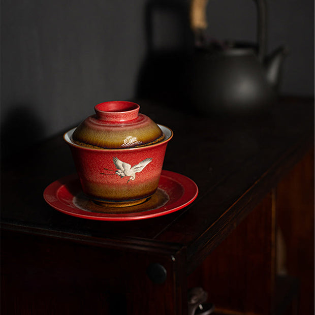 Buddha Stones Red Auspicious Crane Ceramic Gaiwan Sancai Teacup Kung Fu Tea Cup And Saucer With Lid