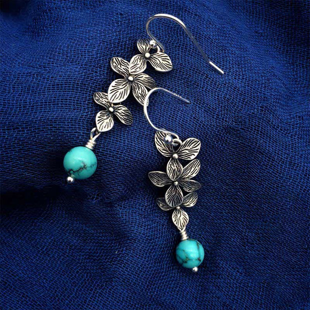 Buddha Stones 925 Sterling Silver Turquoise Lazurite Flower Leaf Serenity Protection Hook Drop Dangle Earrings