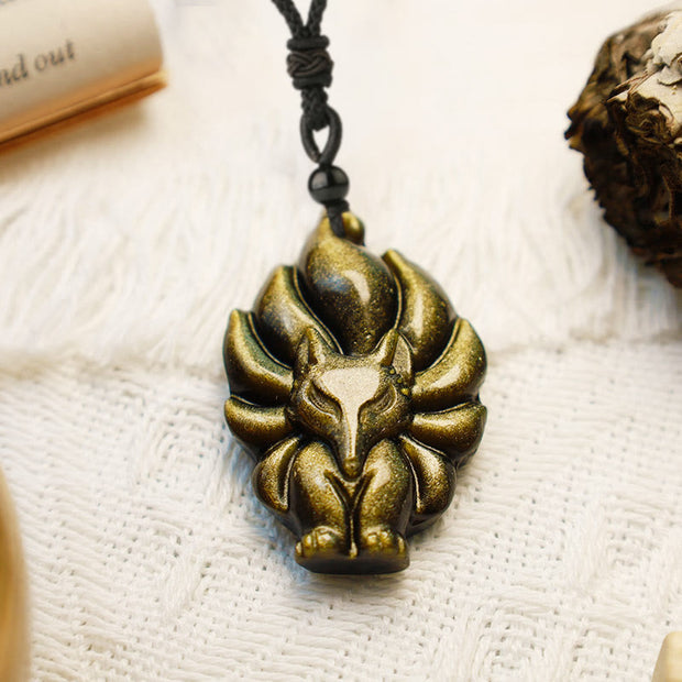 Buddha Stones Natural Fluorite Gold Sheen Obsidian Fox Pendant Protection Necklace Necklaces & Pendants BS 8