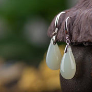 Buddha Stones Hetian White Jade Water Drop Luck Blessing Dangle Earrings Earrings BS 5