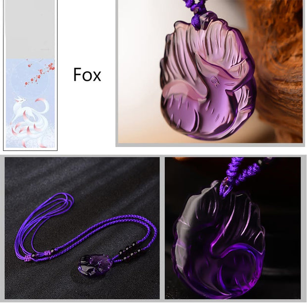 Buddha Stones Natural Amethyst White Crystal Citrine Nine Tailed Fox Luck Necklace Pendant Necklaces & Pendants BS 6