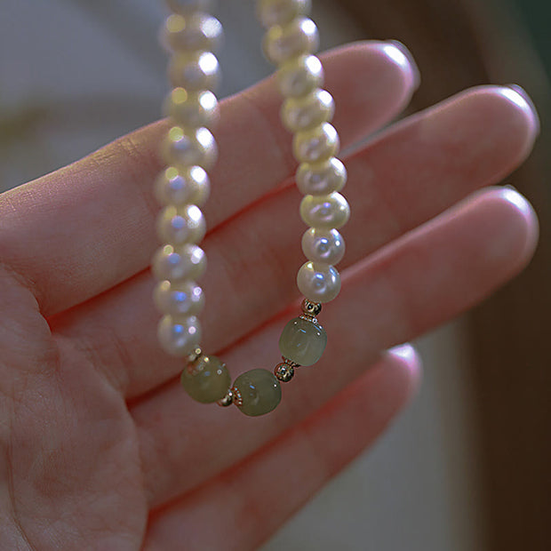 Buddha Stones 14K Gold Plated Natural Pearl Hetian Cyan Jade White Jade Sincerity Bead Chain Bracelet Bracelet BS 1