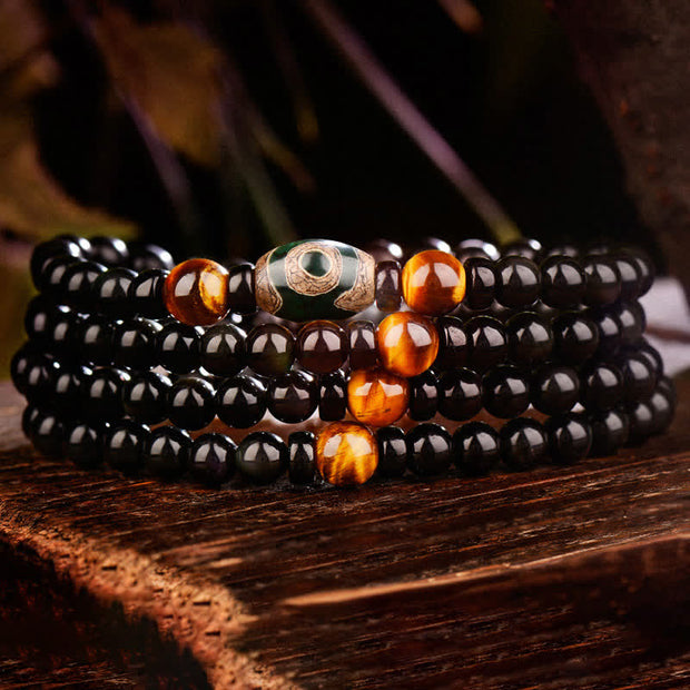 Buddha Stones 108 Beads Black Obsidian Dzi Bead Tiger Eye Agate Healing Mala Bracelet Bracelet BS 108 Beads Dzi Bead Tiger Eye