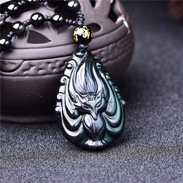 Buddha Stones Natural Rainbow Obsidian Nine Tailed Fox Inner Peace Necklace Beaded String Pendant Necklaces & Pendants BS 1