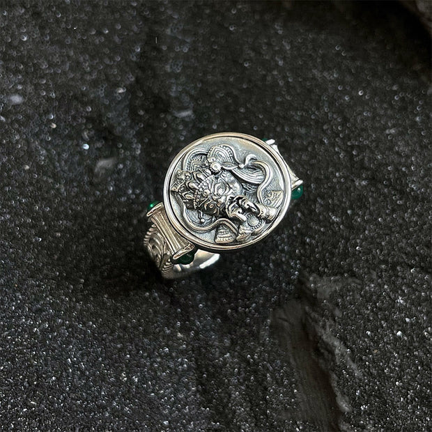 Buddha Stones 925 Sterling Silver Tang Dynasty Flower Design Carved Zakiram Goddess of Wealth Luck Ring Ring BS Silver(Adjustable)