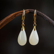 Buddha Stones Hetian White Jade Water Drop Luck Blessing Dangle Earrings Earrings BS Gold