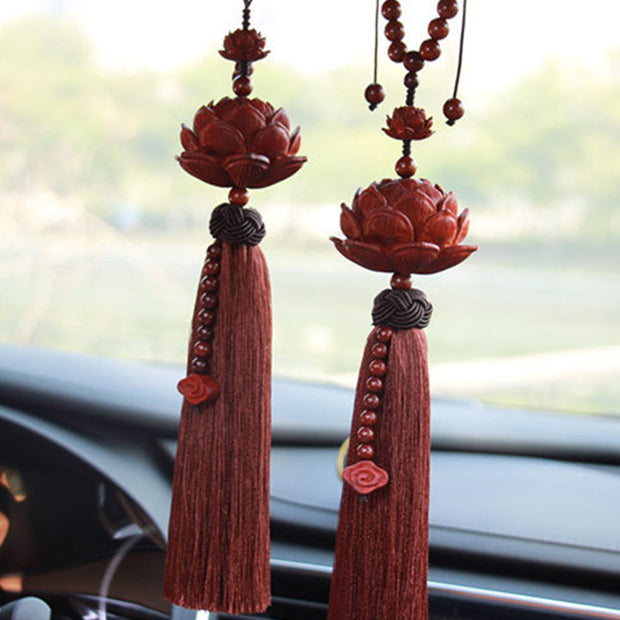 Buddha Stones Tibetan Small Leaf Red Sandalwood Lotus Luck Protection Tassel Decoration Decorations BS 5