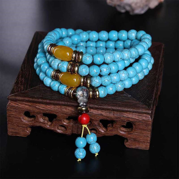 Buddha Stones Red Turquoise Amber Turquoise Bead Protection Bracelet Mala Mala Bracelet BS Turquoise&Amber