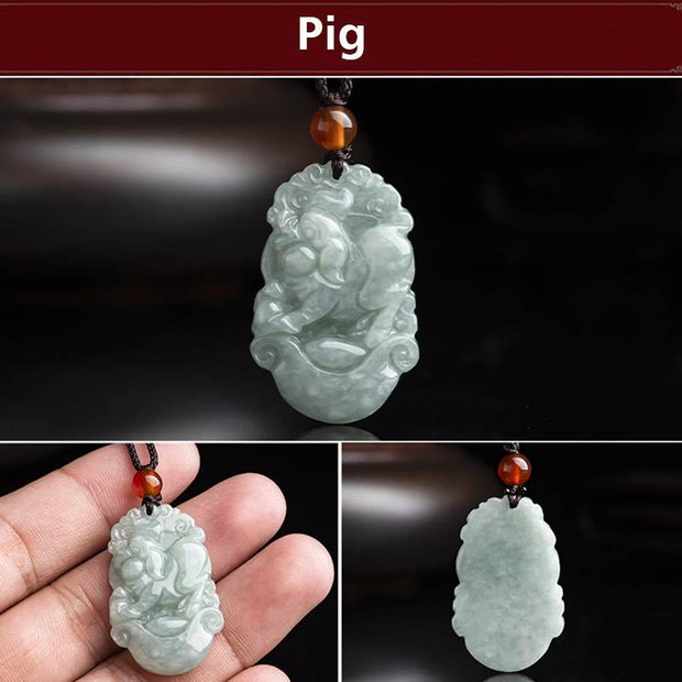 Buddha Stones Natural Jade 12 Chinese Zodiac Sucess Pendant Necklace Necklaces & Pendants BS Pig
