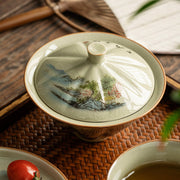 Buddha Stones Pine Mountain Forest Landscape Ceramic Gaiwan Sancai Teacup Kung Fu Tea Cup And Saucer With Lid