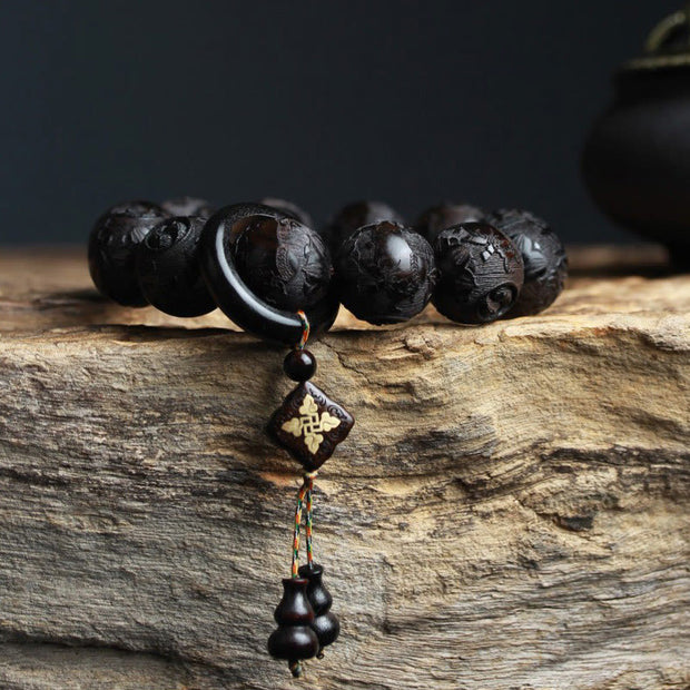 Buddha Stones Ebony Wood Chinese Character Yin Yang Engraved Gourd Balance Bracelet Bracelet BS 2