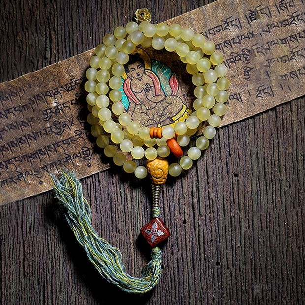 Buddha Stones 108 Mala Beads Tibet Sheep Horn Amber Luck Bracelet Bracelet Mala BS 13