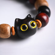 Buddha Stones Small Leaf Red Sandalwood Ebony Wood Cute Cat Engraved Protection Bracelet Bracelet BS 7