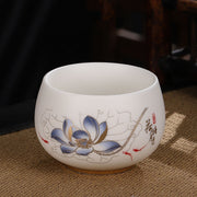 Buddha Stones Dragon Cicada Bamboo Deer Crane Lotus Plum Flower Ceramic Teacup Kung Fu Tea Cup Bowl 185ml Cup BS Blue Lotus 8.5cm*5.5cm*185ml