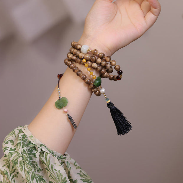 Buddha Stones Natural Agarwood Amber Jade Ingot Tassel Ruyi Charm Bracelet Bracelet BS 6