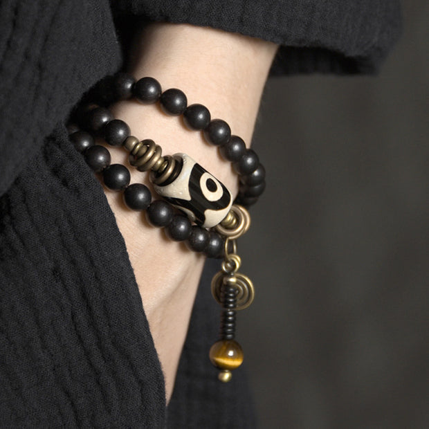 Buddha Stones Ebony Wood Dzi Bead Copper Protection Couple Bracelet Bracelet BS 1