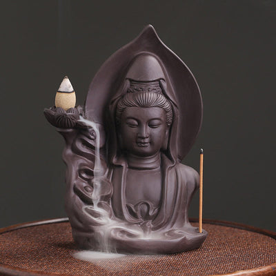 Buddha Stones Tibetan Avalokitesvara Buddha Lotus Healing Backflow Smoke Fountain Incense Burner Incense Burner BS Avalokitesvara