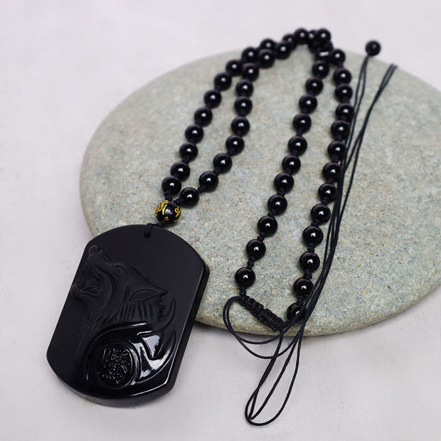 Buddha Stones Black Obsidian Stone Wolf Purification Pendant Necklace Necklaces & Pendants BS 6