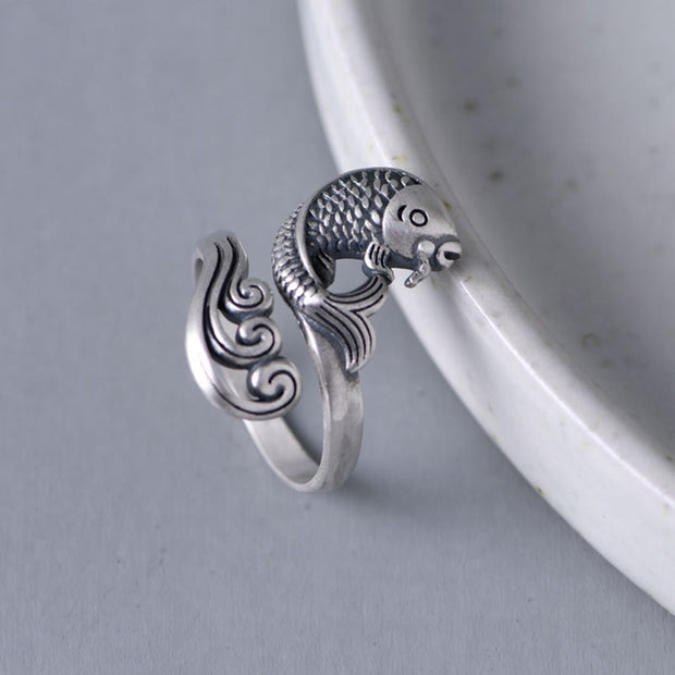Buddha Stones 925 Sterling Silver Koi Fish Water Ripple Luck Wealth Ring Ring BS 8