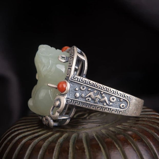 Buddha Stones 925 Sterling Silver Hetian White Jade PiXiu Luck Protection Ring Ring BS 1