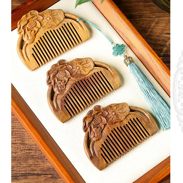 Buddha Stones Natural Green Sandalwood Lotus Flower Leaf Engraved Soothing Comb Comb BS 11