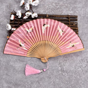 Buddha Stones Vintage Cloud Crane Pattern Handheld Bamboo Folding Fan