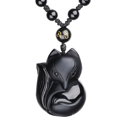 Buddha Stones Natural Black Obsidian Tiger Eye Ice Obsidian Fox Pendant Amulet Necklace Necklaces & Pendants BS Obsidian