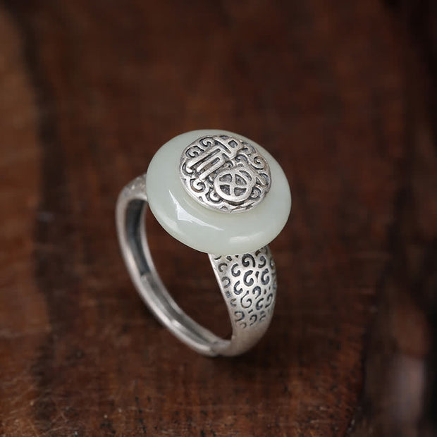 Buddha Stones White Jade Blessing Letter Happiness Adjustable Ring Ring BS 15
