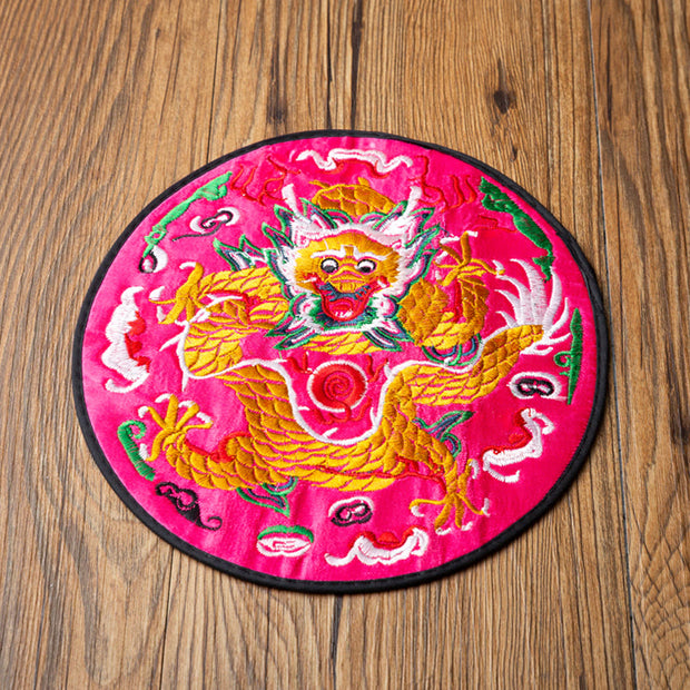 Buddha Stones Dragon Embroidery Cup Mat Pad Tea Cup Coaster Kung Fu Tea Mat Tea Mat BS Rose Red Dragon