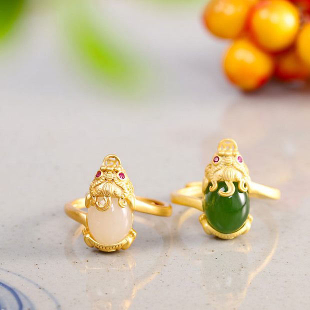 Buddha Stones 18k Gold-plated Pixiu Jade Wealth Ring Rings BS 6