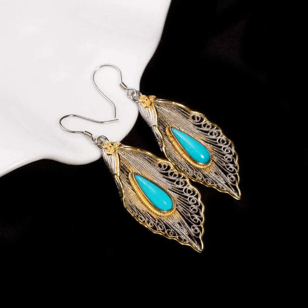 Buddha Stones 925 Sterling Silver Turquoise Bodhi Leaf Pattern Protection Drop Dangle Earrings Earrings BS 9