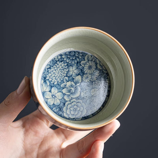Buddha Stones Blue Lotus Peach Blossom Chrysanthemum Design Ceramic Teacup Kung Fu Tea Cups
