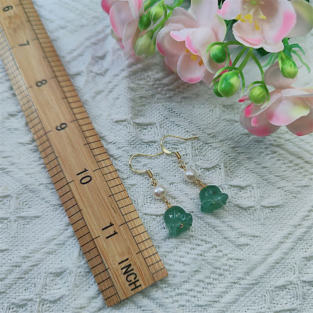 Buddha Stones Lily of The Valley Natural Green Aventurine 14K Gold Plated Luck Pearl Drop Dangle Floral Earrings Earrings BS 10
