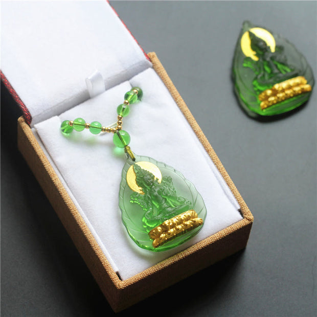 Buddha Stones Tibetan Green Tara Buddha Gold Plated Liuli Crystal Protection Necklace Pendant Necklaces & Pendants BS 5