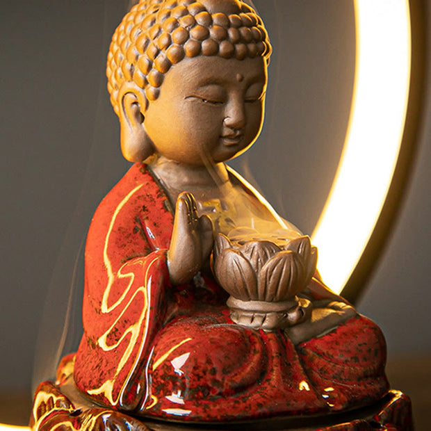 Buddha Stones Buddha Lotus Backflow Smoke Fountain Ceramic Blessing Incense Burner With Light Decoration Incense Burner BS 2