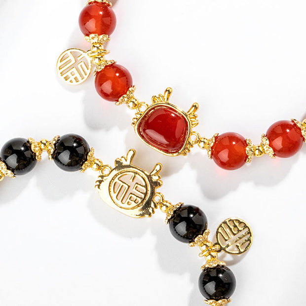 Buddha Stones Year Of The Dragon Natural Red Agate Black Onyx Luck Fu Character Bracelet Bracelet BS 7