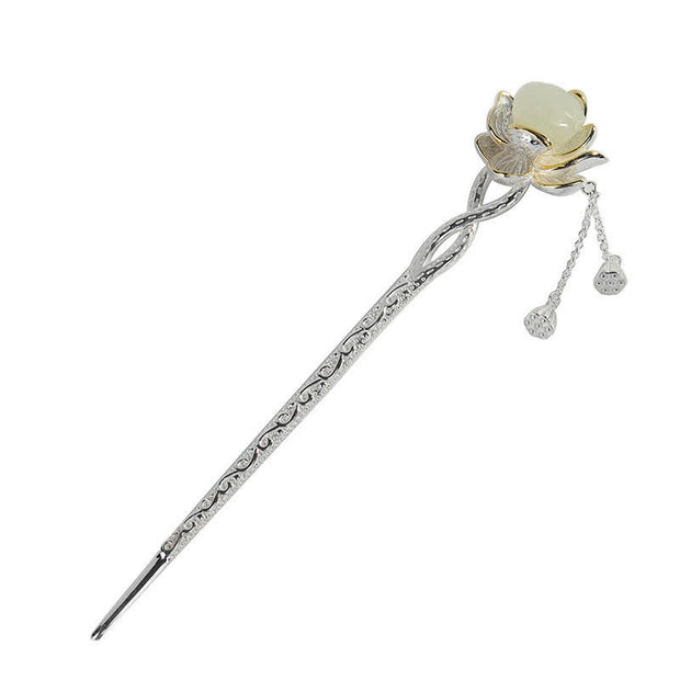 Buddha Stones White Jade Lotus Flower Luck Hairpin Hairpin BS 9