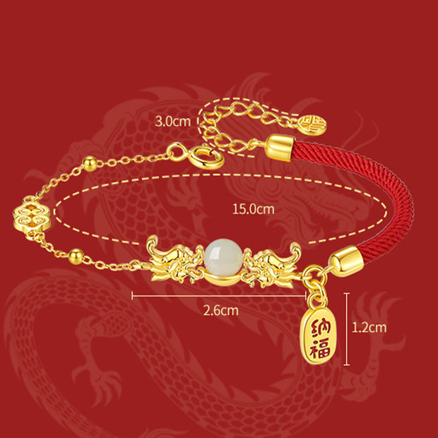 Buddha Stones Year of the Dragon 925 Sterling Silver Hetian Jade Attract Fortune Fu Character Luck Bracelet Bracelet BS 7