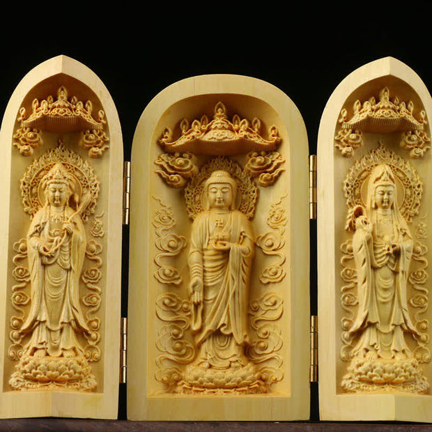 Buddha Stones Hand-carved Portable Buddha Boxwood Serenity Home Decoration Altar Prayer Altar BS Three Western Saints&Lotus