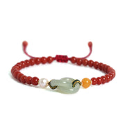 Buddha Stones Natural Red Agate Hetian Jade Double Peace Buckle Confidence Bracelet